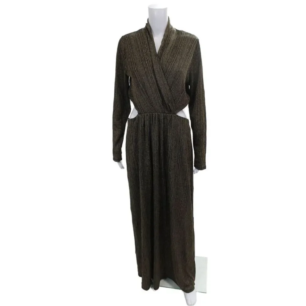 Rachel Rachel Roy Women Maxi Dress Black Striped V-Neck Long Sleeve Size XL